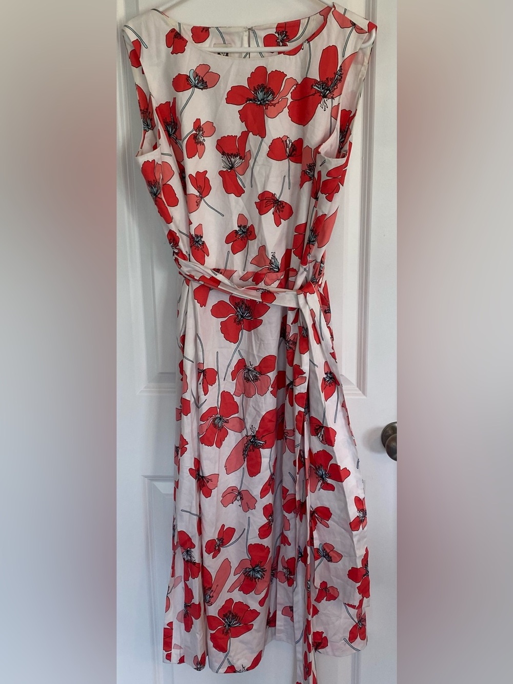 Anne Klein Dress 1X White Red Floral Cotton Midi Belted Party Summer